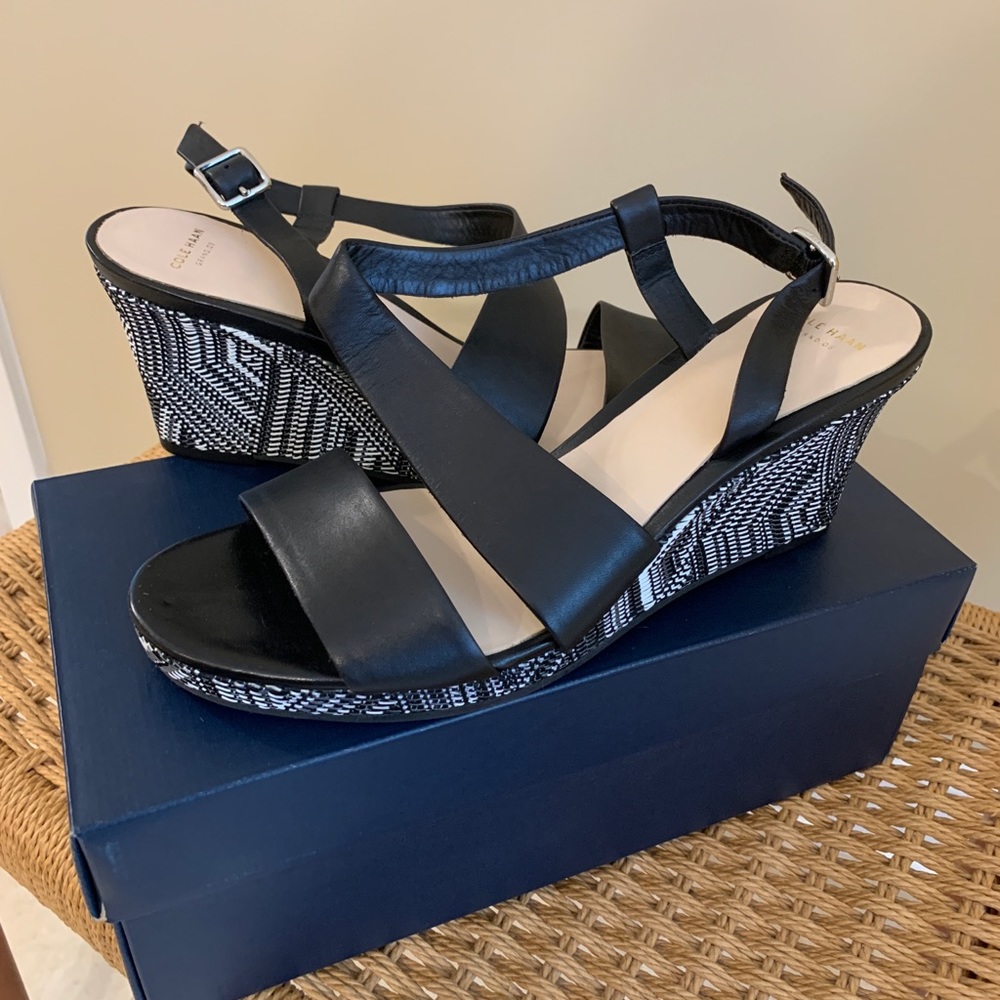 Cole Haan Black White Ravenna Wedge Sandals Size10